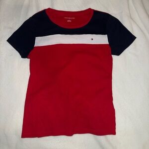 Tommy Hilfiger Red and Navy Blue Crew Neck Tee